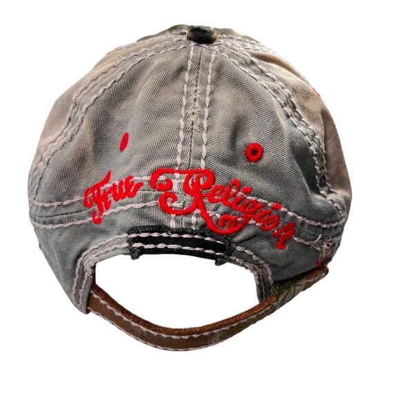 True Religion Distressed Hat Red Tibetan Buddha Guitar Embroidery Cap Strapback - Picture 6 of 16